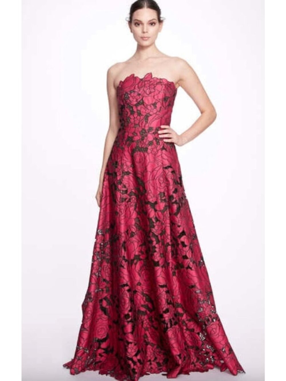 Marchesa Notte $1,095 Red & Black Floral Guipure Floral Lace Strapless Gown Sz 6